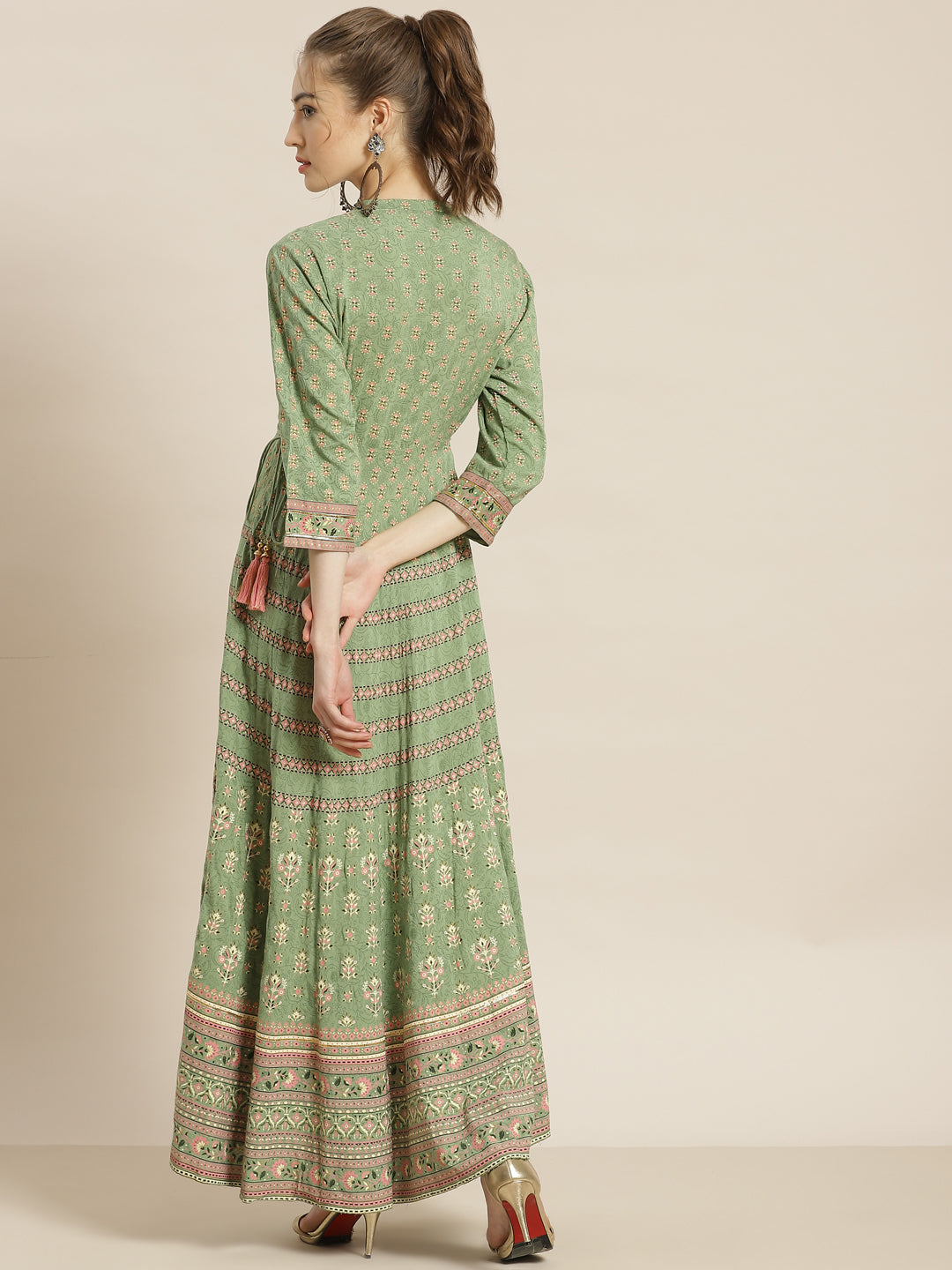 Juniper Womens Pistagreen Foil Printed Circular Maxi Dress With Yoke Embroidery