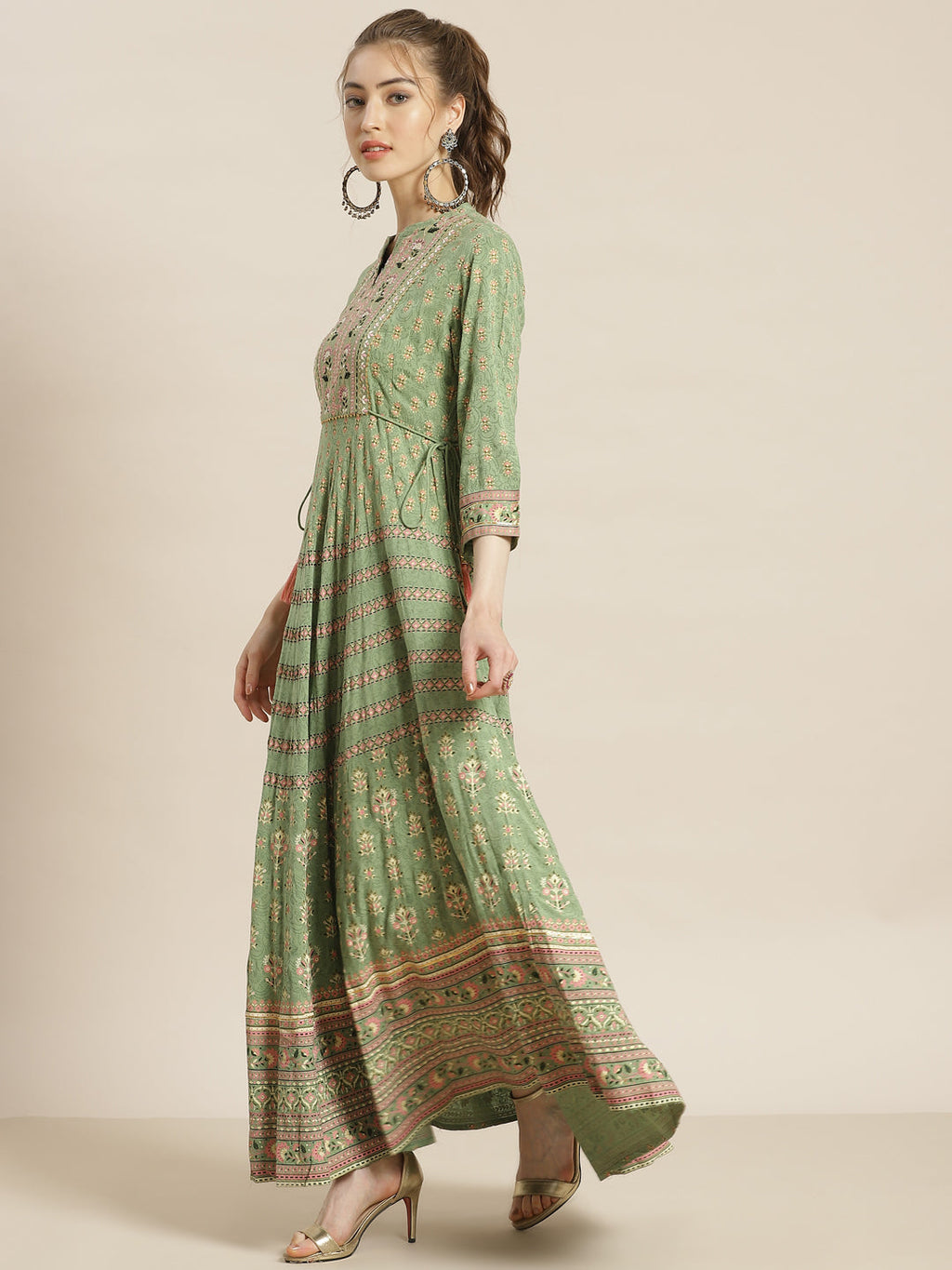 Juniper Womens Pistagreen Foil Printed Circular Maxi Dress With Yoke Embroidery