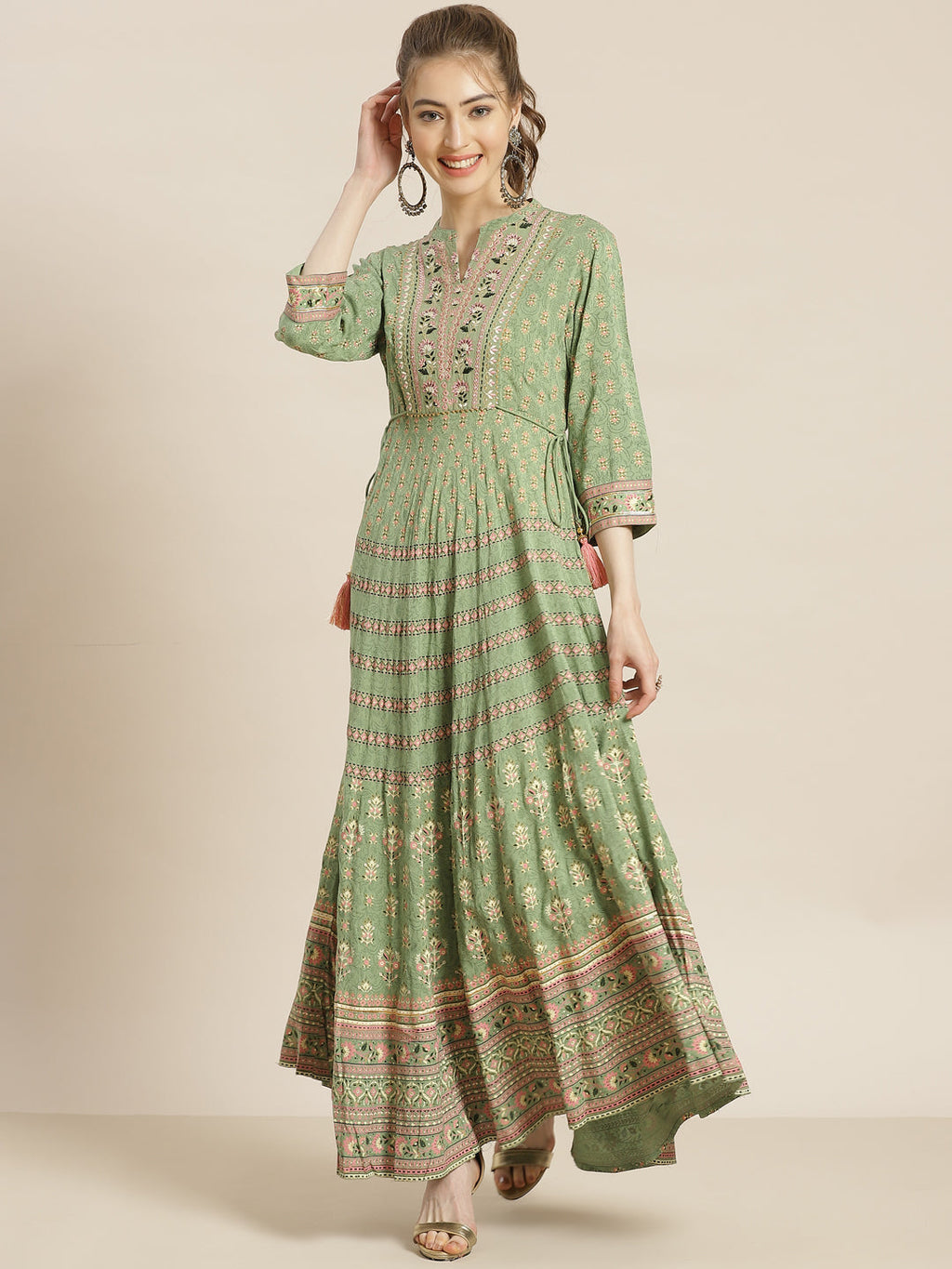 Juniper Womens Pistagreen Foil Printed Circular Maxi Dress With Yoke Embroidery