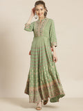 Juniper Womens Pistagreen Foil Printed Circular Maxi Dress With Yoke Embroidery