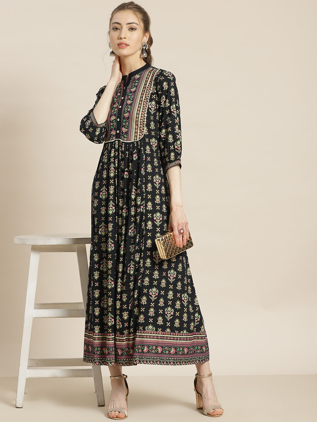 Juniper Womens Dark Blue Rayon Foil Printed Maxi Dress With Puff Sleeves And Button Closure