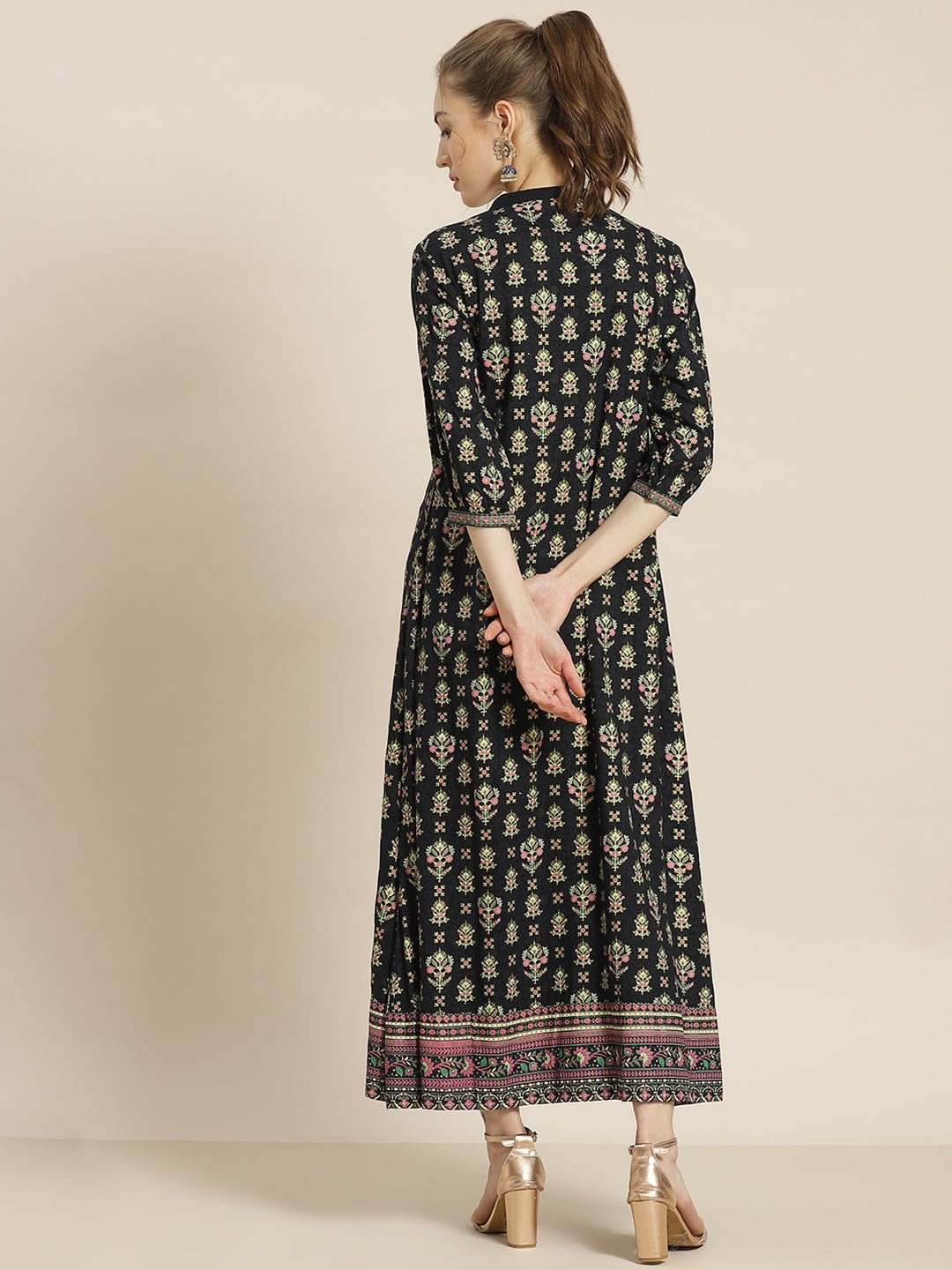 Juniper Womens Dark Blue Rayon Foil Printed Maxi Dress With Puff Sleeves And Button Closure