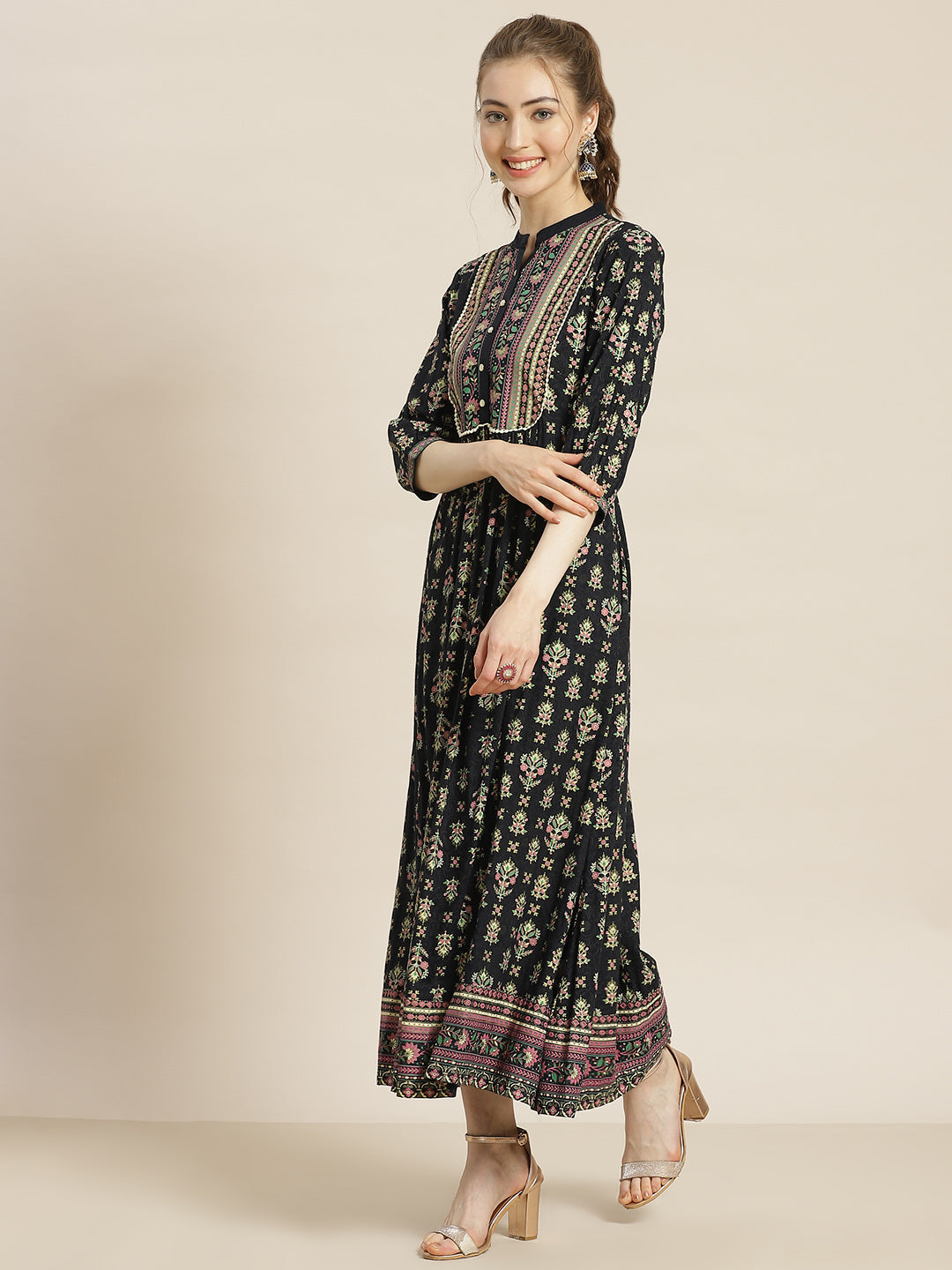Juniper Womens Dark Blue Rayon Foil Printed Maxi Dress With Puff Sleeves And Button Closure
