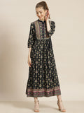 Juniper Womens Dark Blue Rayon Foil Printed Maxi Dress With Puff Sleeves And Button Closure