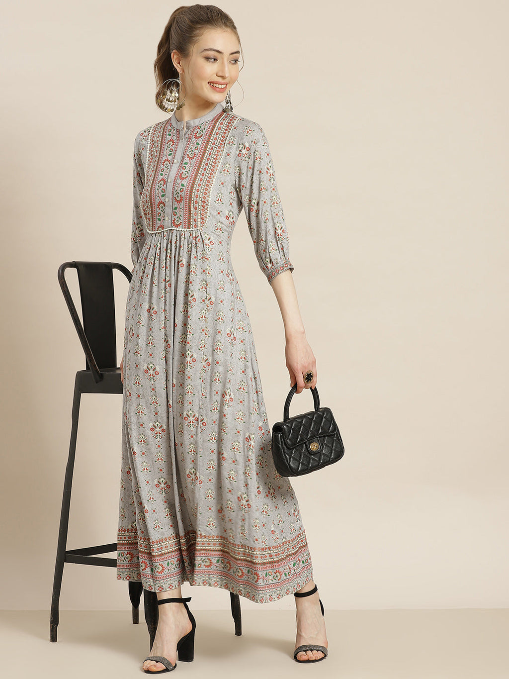 Juniper Womens Grey Rayon Foil Printed Maxi Dress With Puff Sleeves And Button Closure