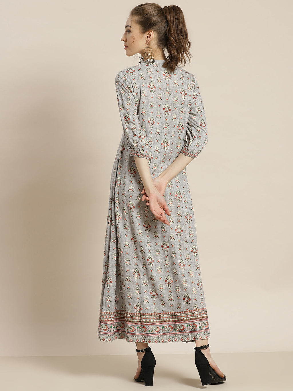 Juniper Womens Grey Rayon Foil Printed Maxi Dress With Puff Sleeves And Button Closure