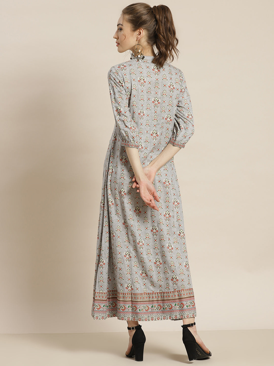 Juniper Womens Grey Rayon Foil Printed Maxi Dress With Puff Sleeves And Button Closure