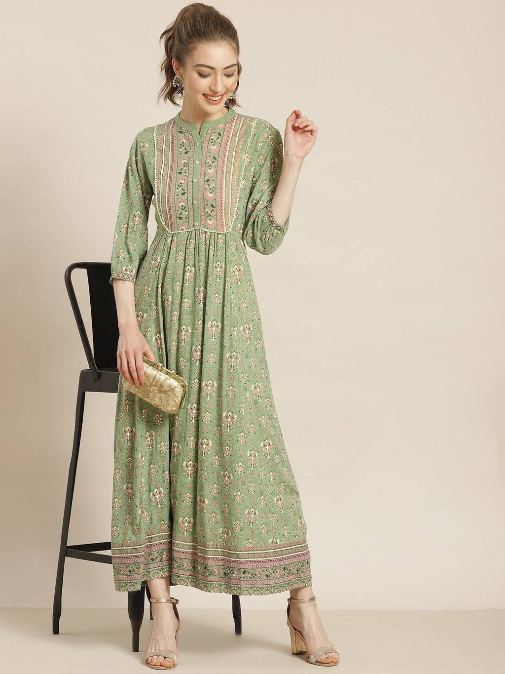 Juniper Womens Pistagreen Rayon Foil Printed Maxi Dress With Puff Sleeves And Button Closure