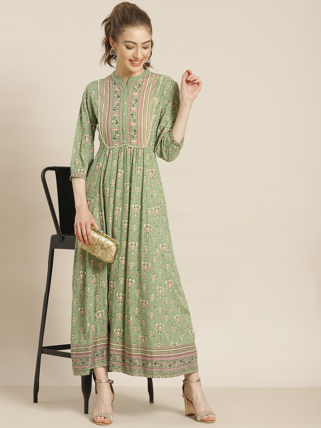 Juniper Womens Pistagreen Rayon Foil Printed Maxi Dress With Puff Sleeves And Button Closure