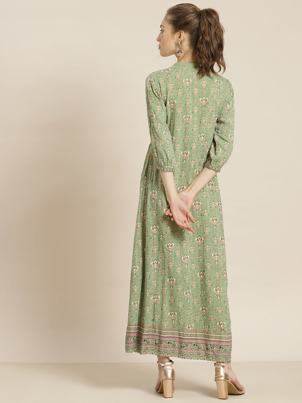 Juniper Womens Pistagreen Rayon Foil Printed Maxi Dress With Puff Sleeves And Button Closure