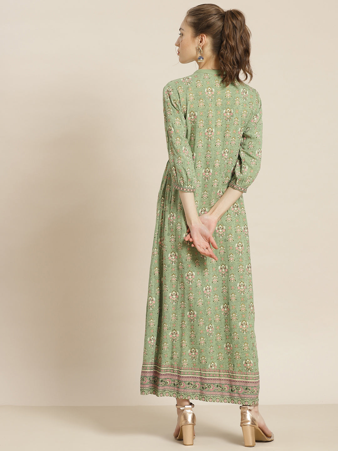 Juniper Womens Pistagreen Rayon Foil Printed Maxi Dress With Puff Sleeves And Button Closure