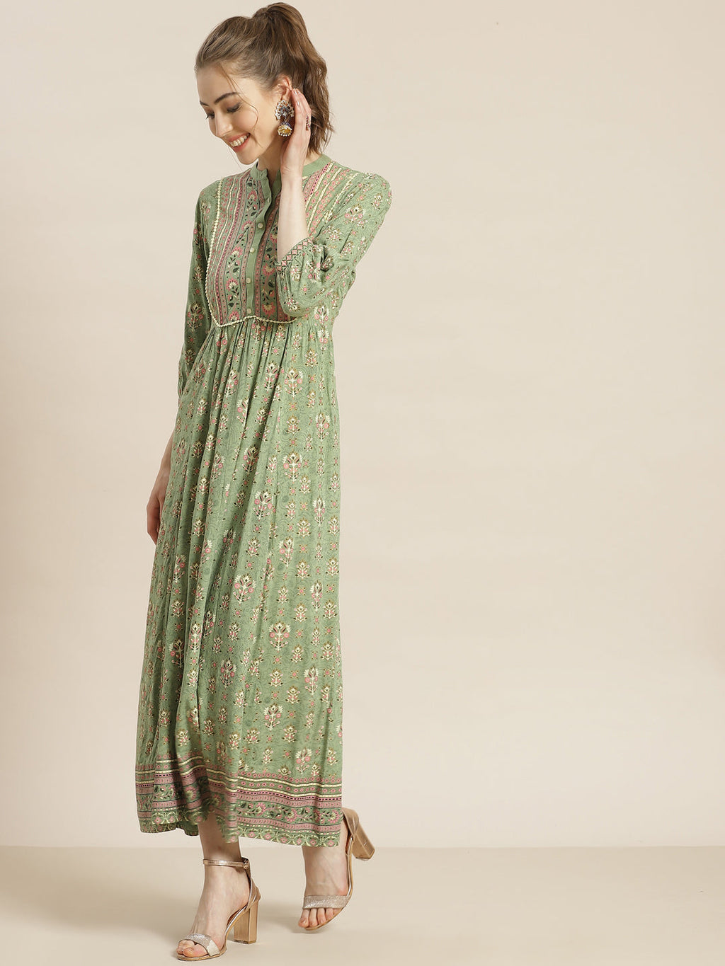 Juniper Womens Pistagreen Rayon Foil Printed Maxi Dress With Puff Sleeves And Button Closure