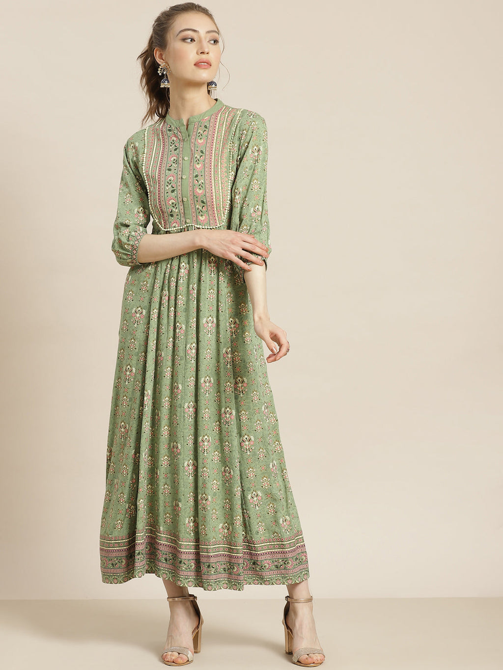 Juniper Womens Pistagreen Rayon Foil Printed Maxi Dress With Puff Sleeves And Button Closure