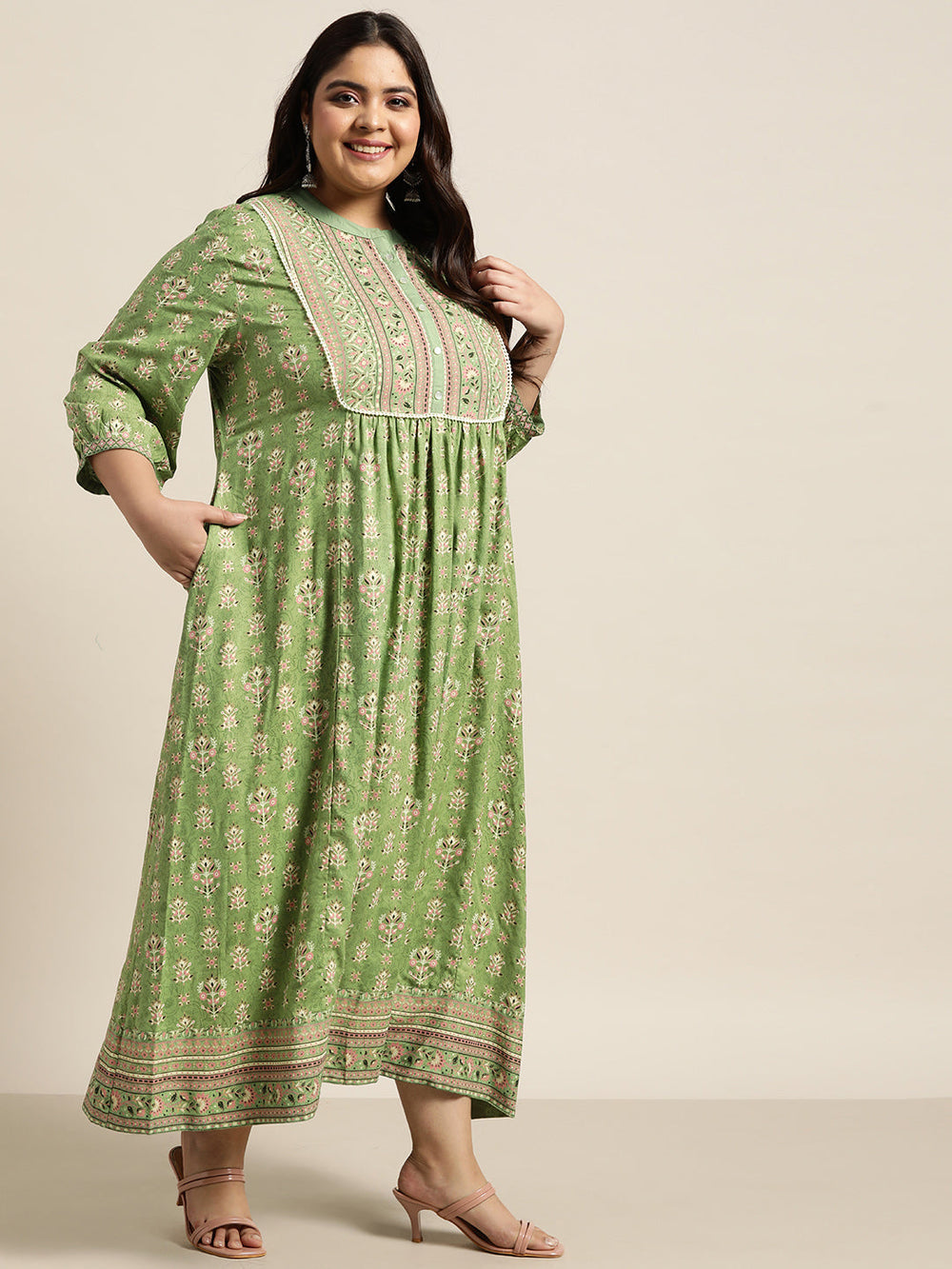 Juniper Women`s Pista Green Rayon Fusion Wear Printed A-line Dress