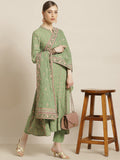 Juniper Womens Pistagreen Foil Printed Kurta Dress With Solid Pant And Printed Dupatta