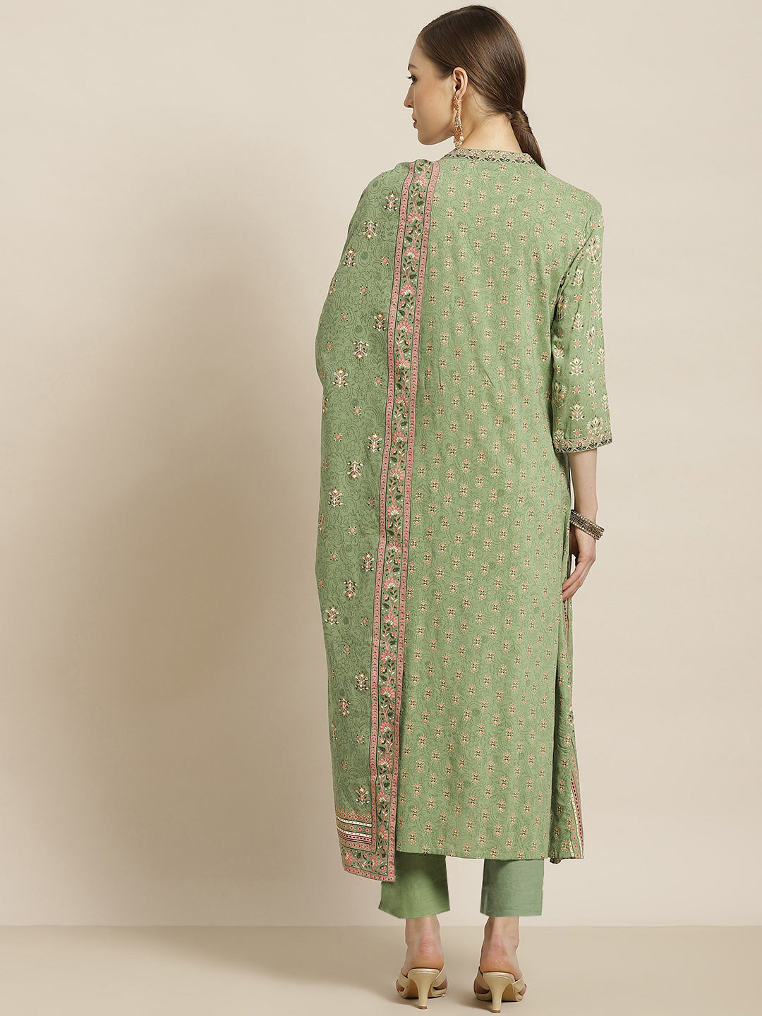 Juniper Womens Pistagreen Foil Printed Kurta Dress With Solid Pant And Printed Dupatta