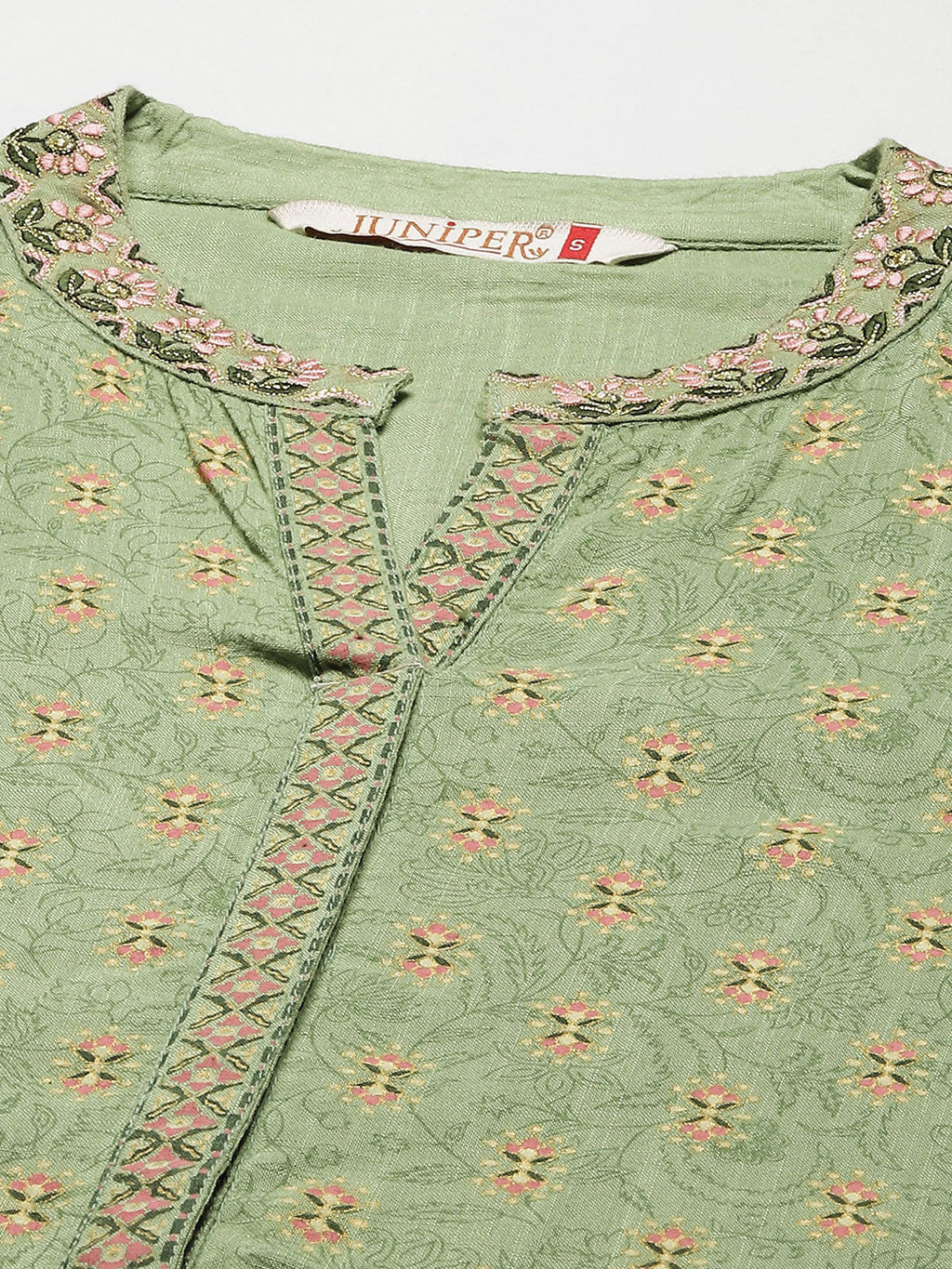 Juniper Womens Pistagreen Foil Printed Kurta Dress With Solid Pant And Printed Dupatta