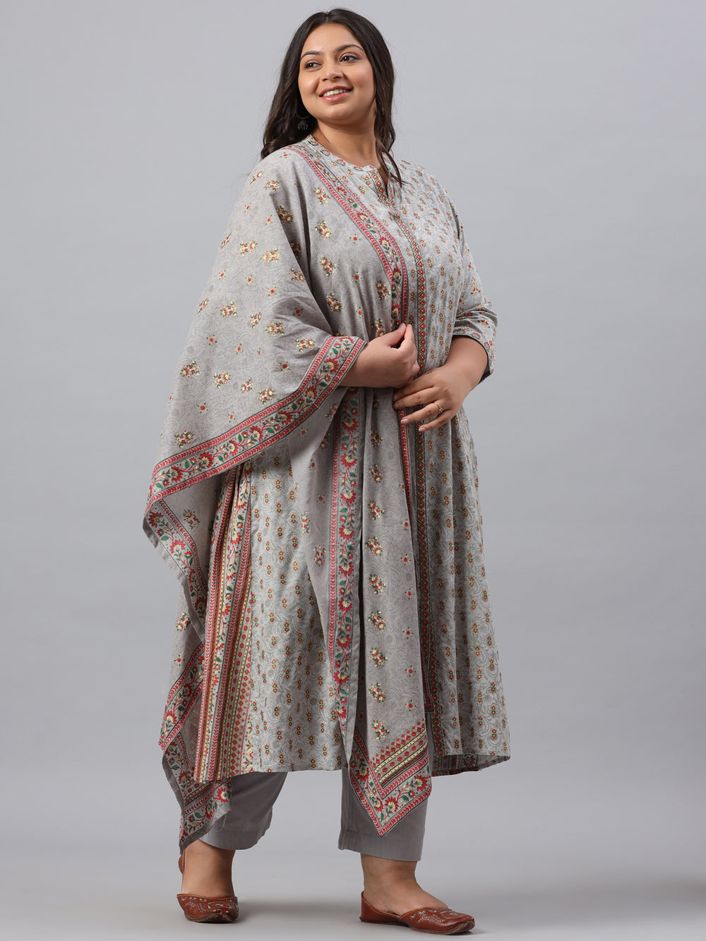 Juniper Women`s Grey Rayon Daily Wear Printed A-line Kurta Sets