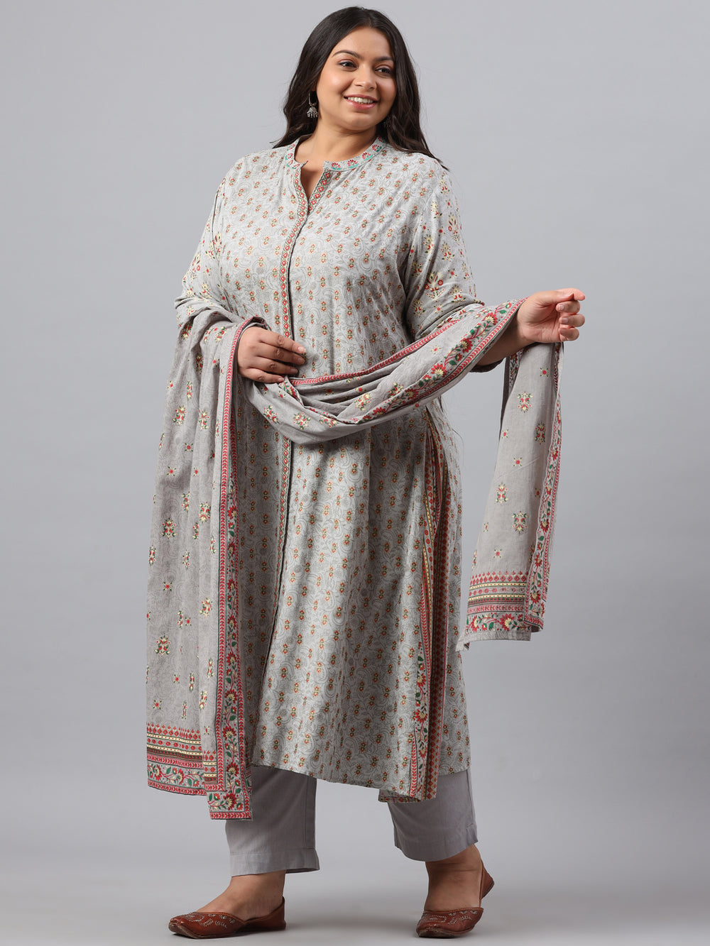 Juniper Women`s Grey Rayon Daily Wear Printed A-line Kurta Sets