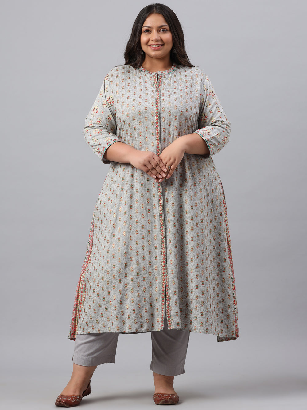 Juniper Women`s Grey Rayon Daily Wear Printed A-line Kurta Sets