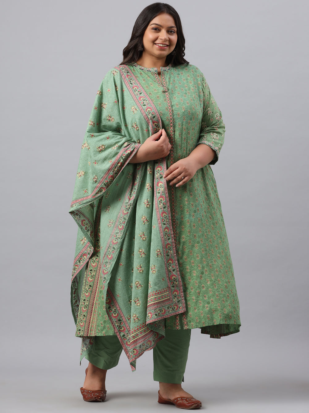 Juniper Women`s Pista Green Rayon Daily Wear Printed A-line Kurta Sets