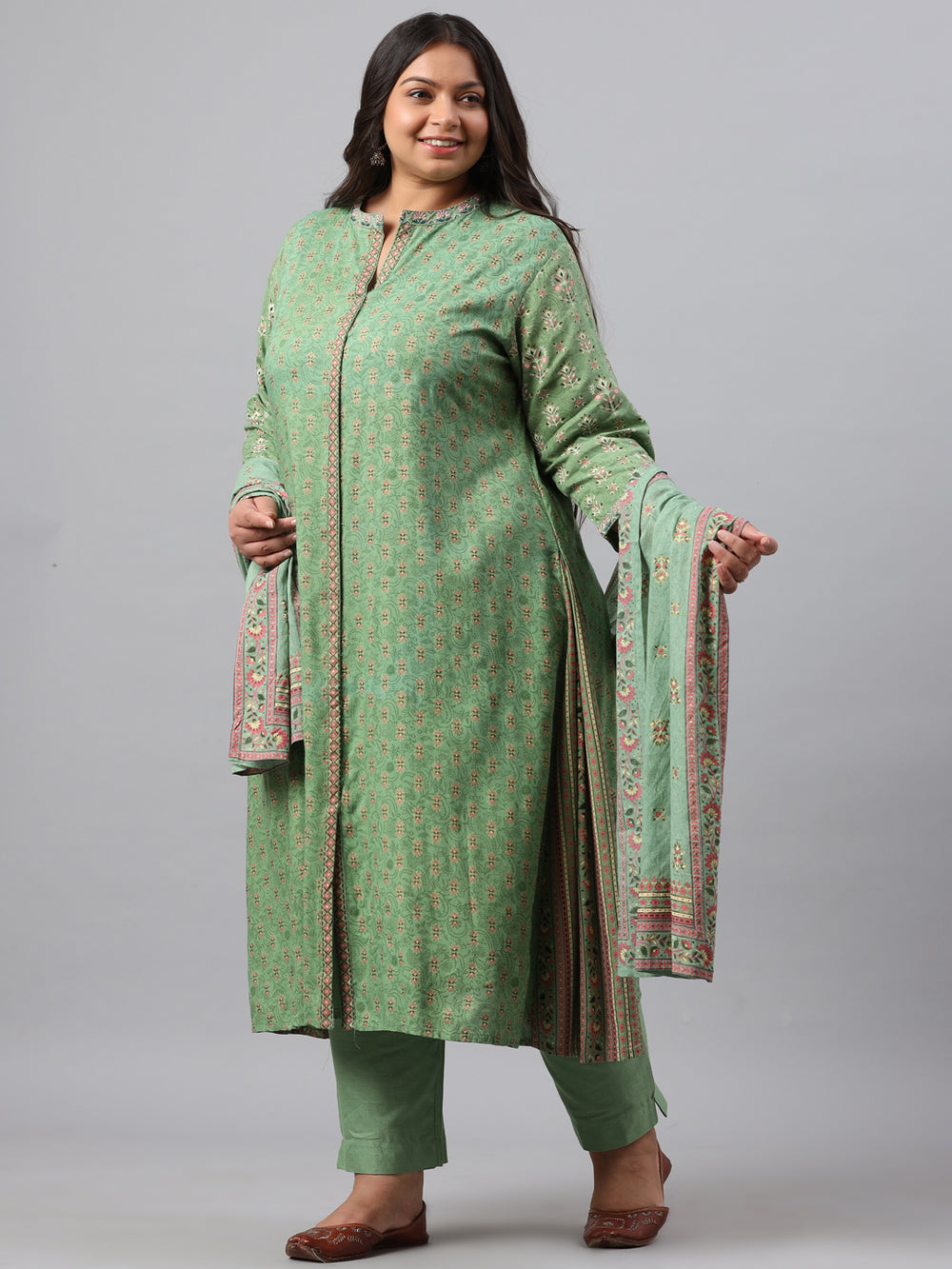 Juniper Women`s Pista Green Rayon Daily Wear Printed A-line Kurta Sets