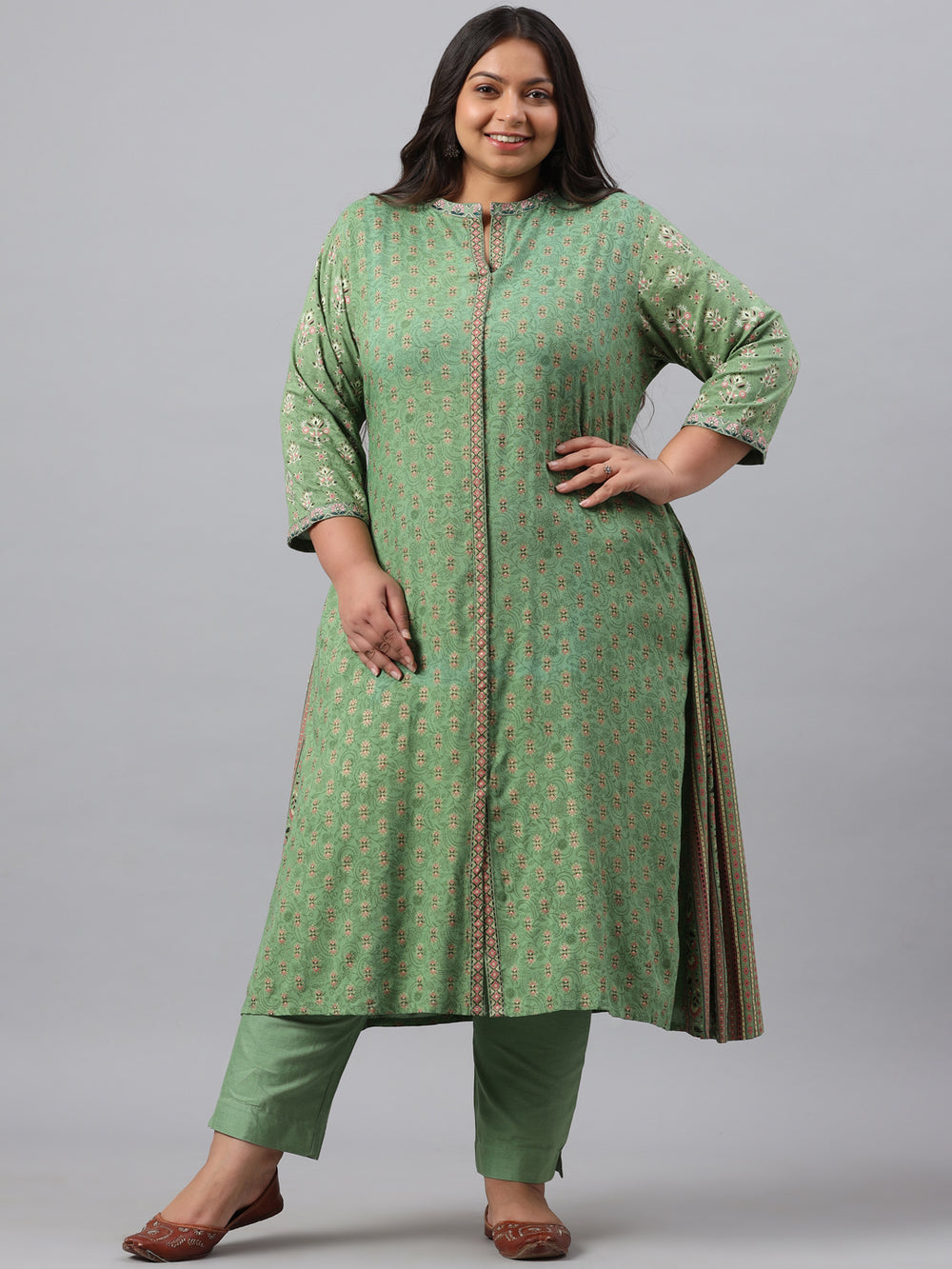 Juniper Women`s Pista Green Rayon Daily Wear Printed A-line Kurta Sets