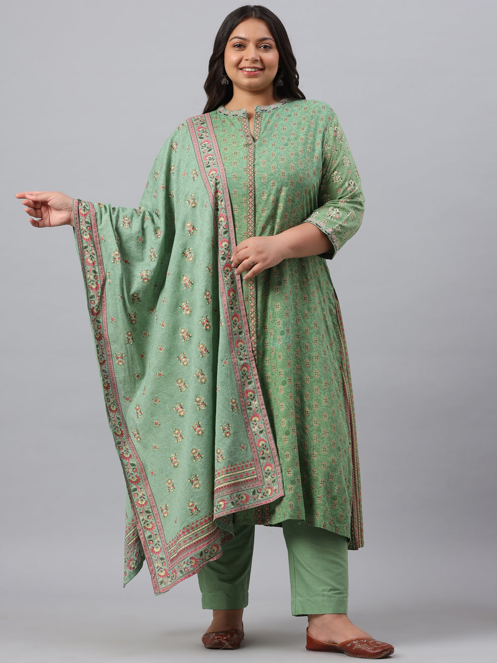 Juniper Women`s Pista Green Rayon Daily Wear Printed A-line Kurta Sets