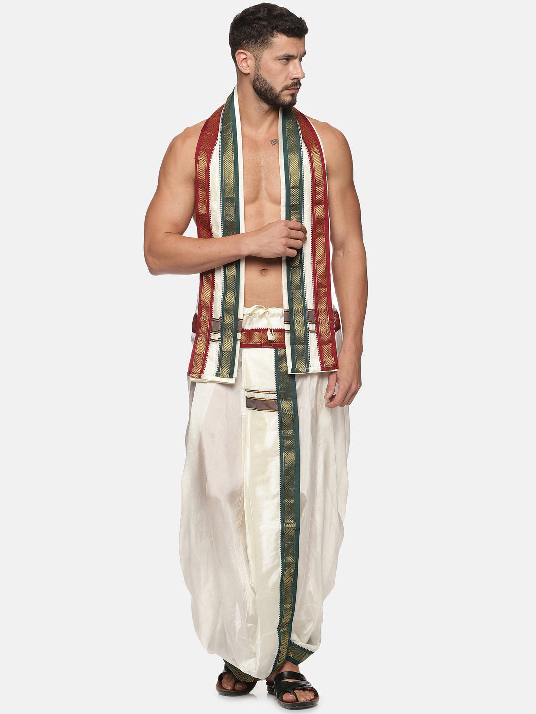 Sethukrishna Men Cream Coloured Solid Dhoti Pant With Angavastram