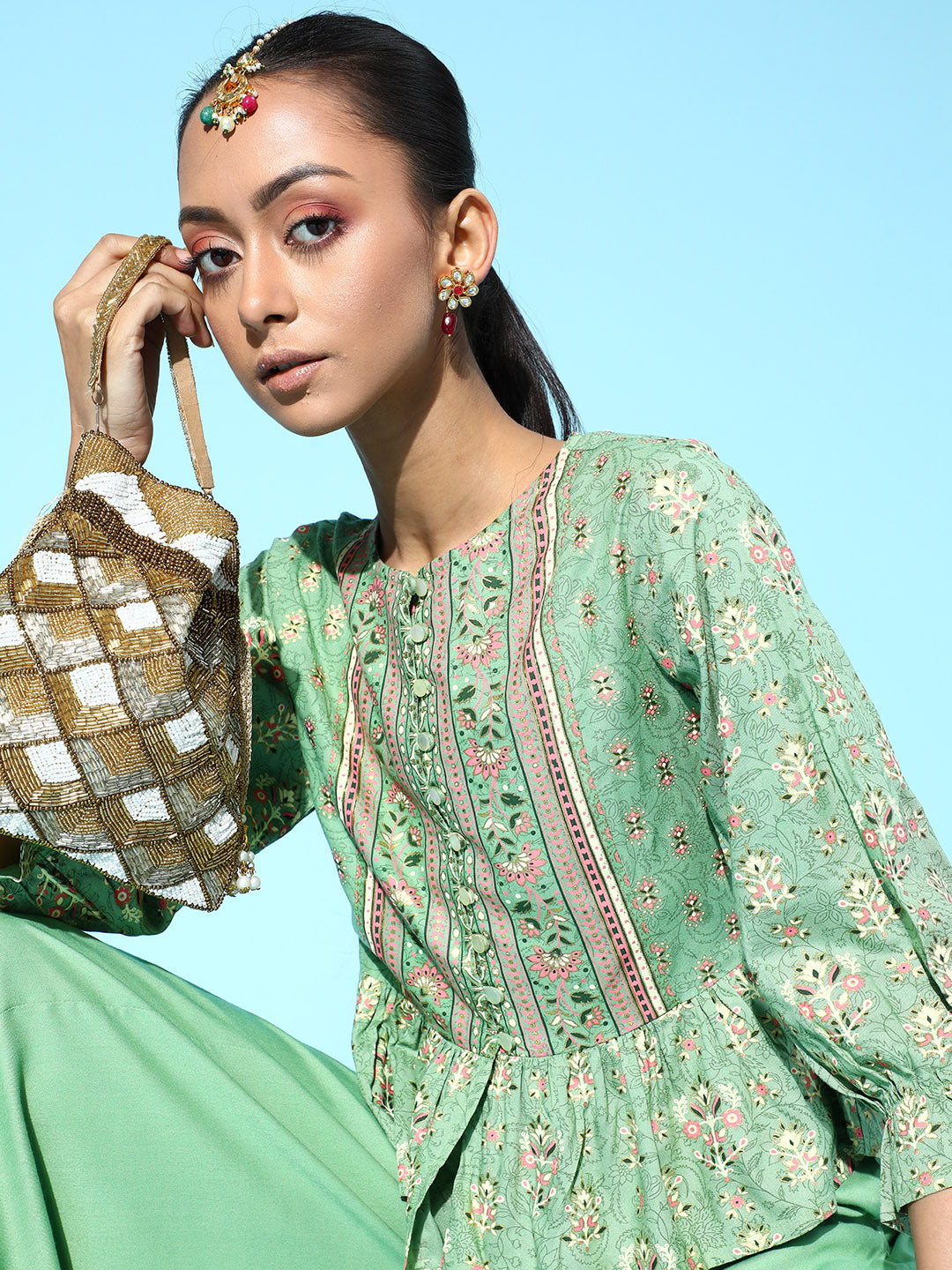 Juniper Womens Pistagreen Floral Printed Rayon Clothing Set