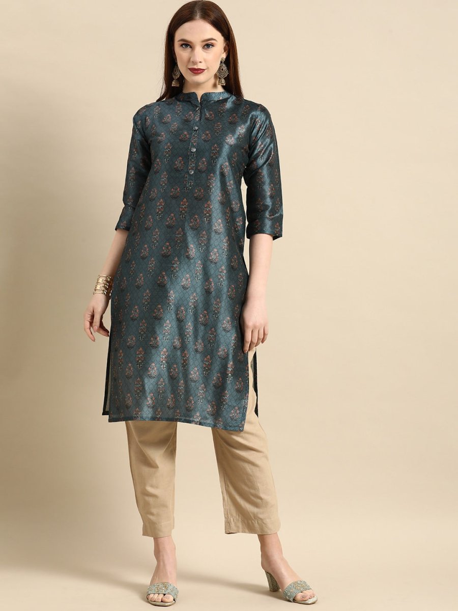 All About You Women Teal Blue Floral Block Print Mandarin Collar Chanderi Silk Blend Kurta