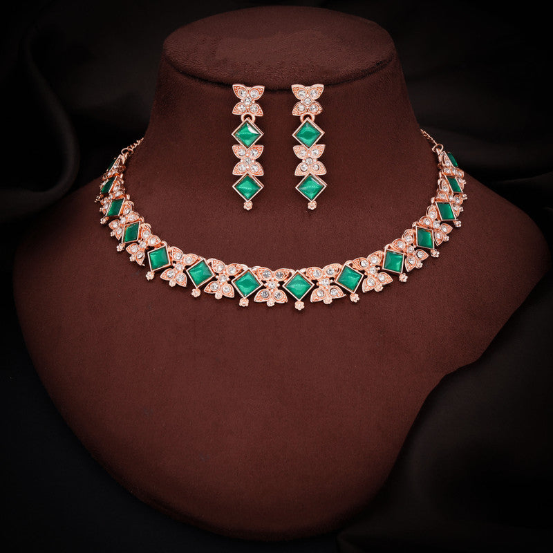 Tehzeeb Creations Rose Gold-Polished Green Choker Necklace With Dangle Earrings