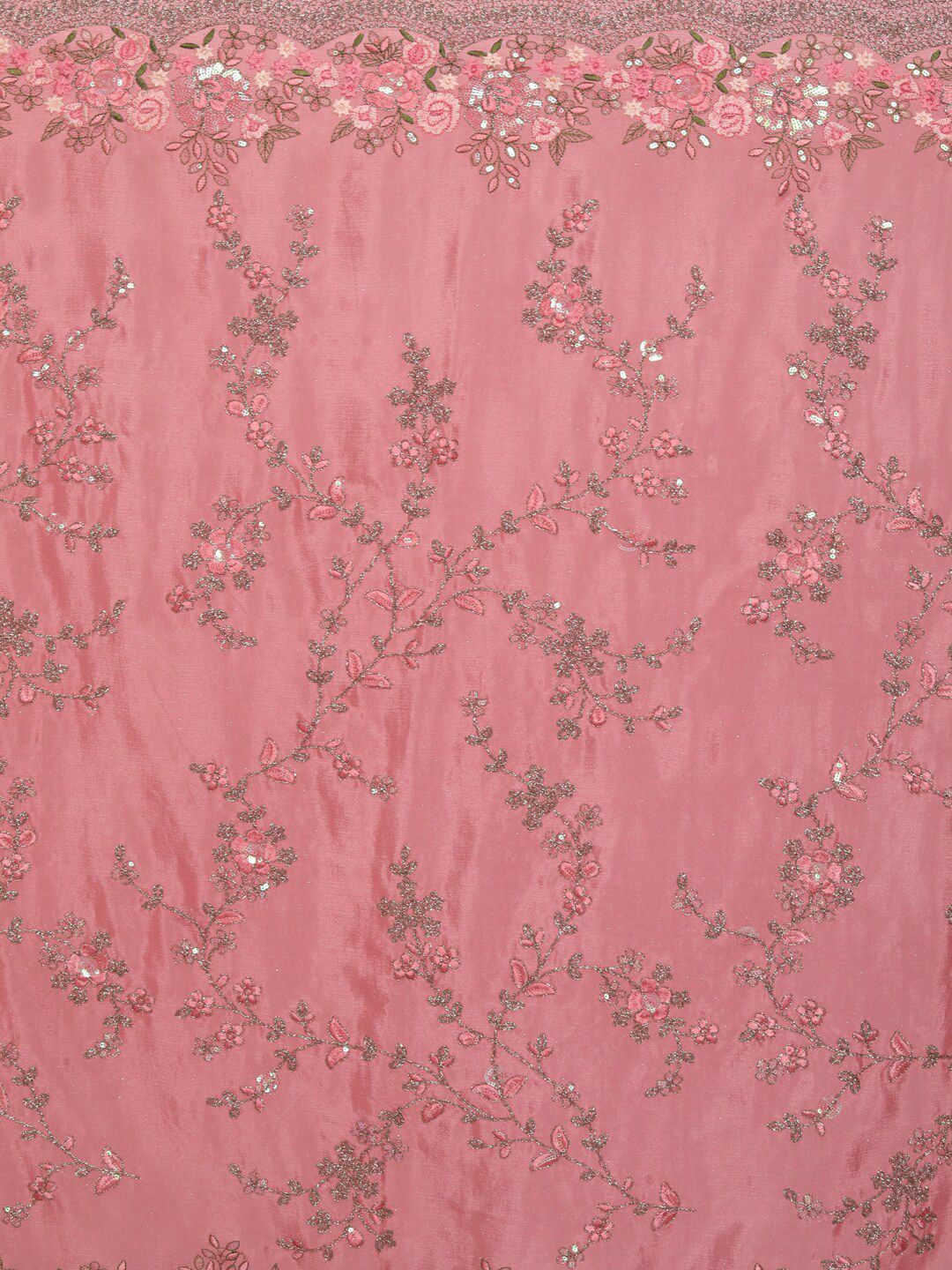 kasee Pink & Green Floral Sequinned Pure Chiffon Saree