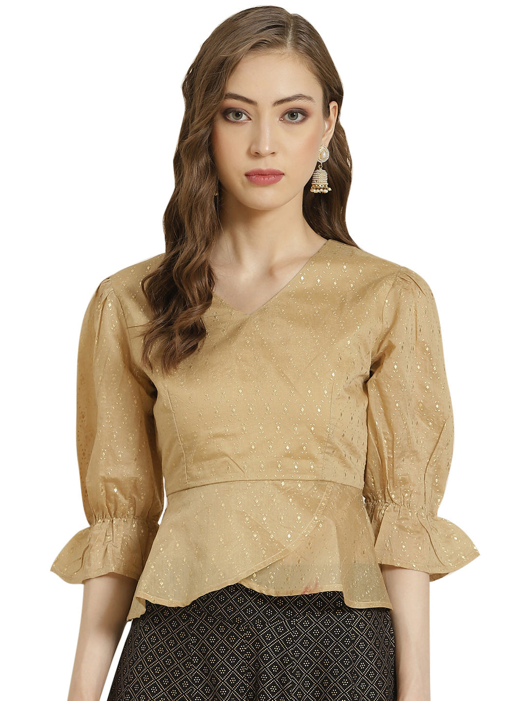 Juniper Women Gold Chanderi Silk Printed Peplum Blouse