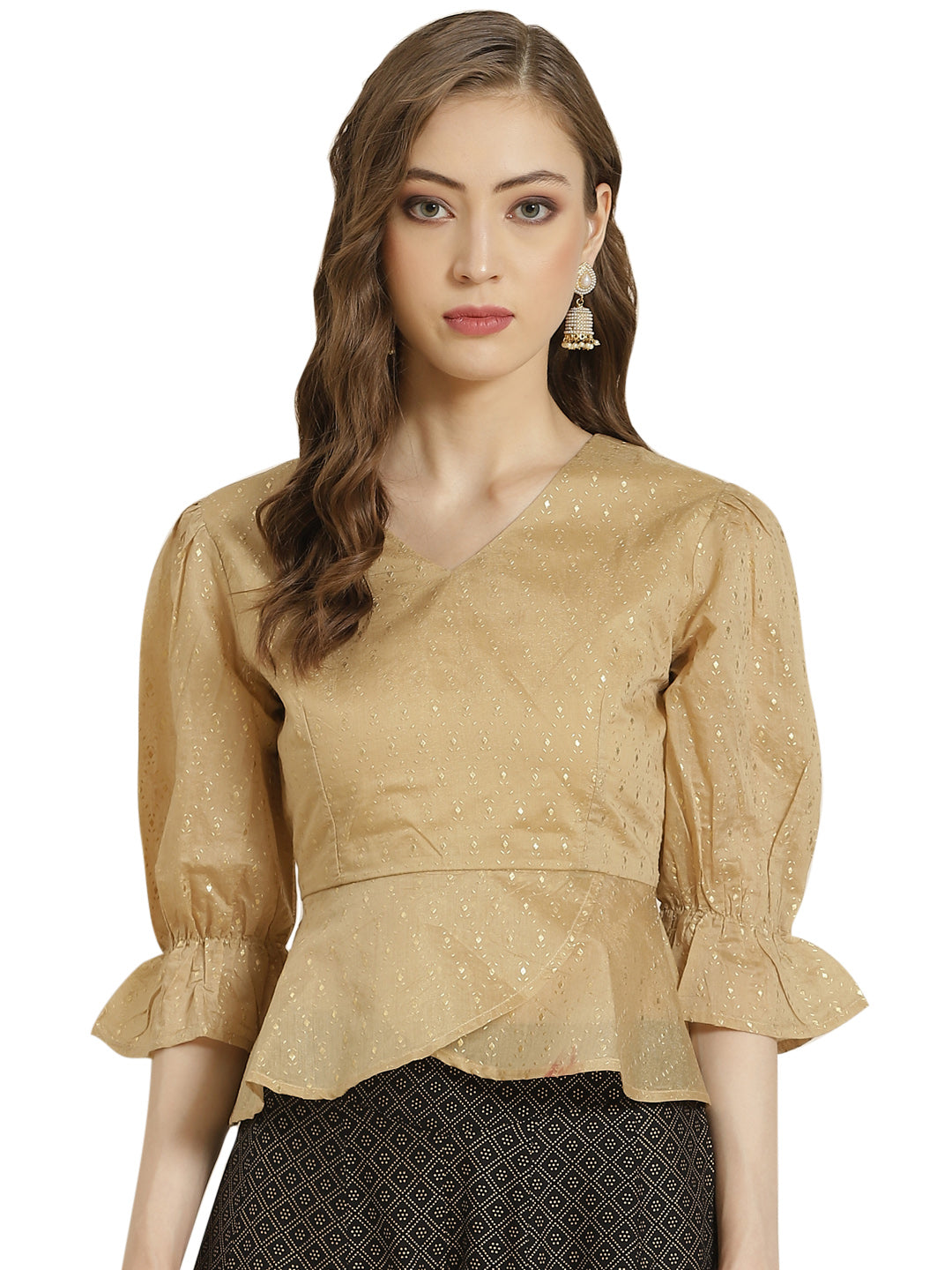 Juniper Women Gold Chanderi Silk Printed Peplum Blouse