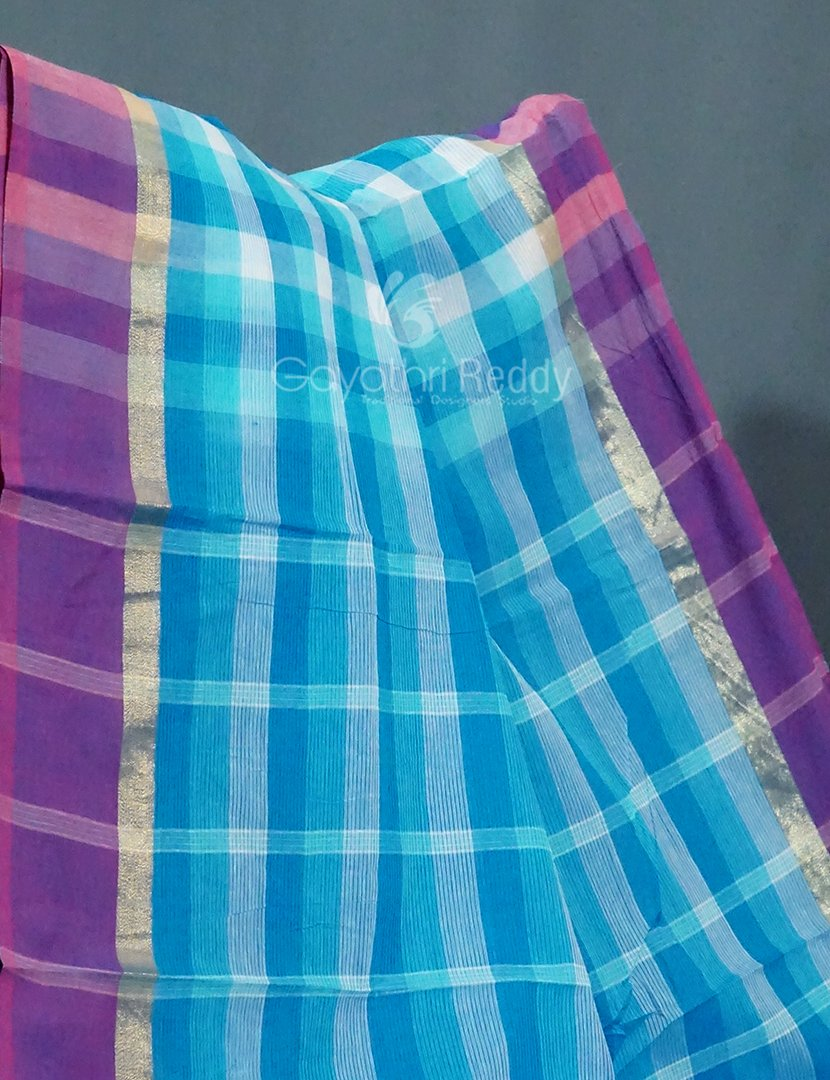 Sky Blue With Checks Pure Mangalgiri Cotton Saree By Gayathri Reddy Designer Studio
