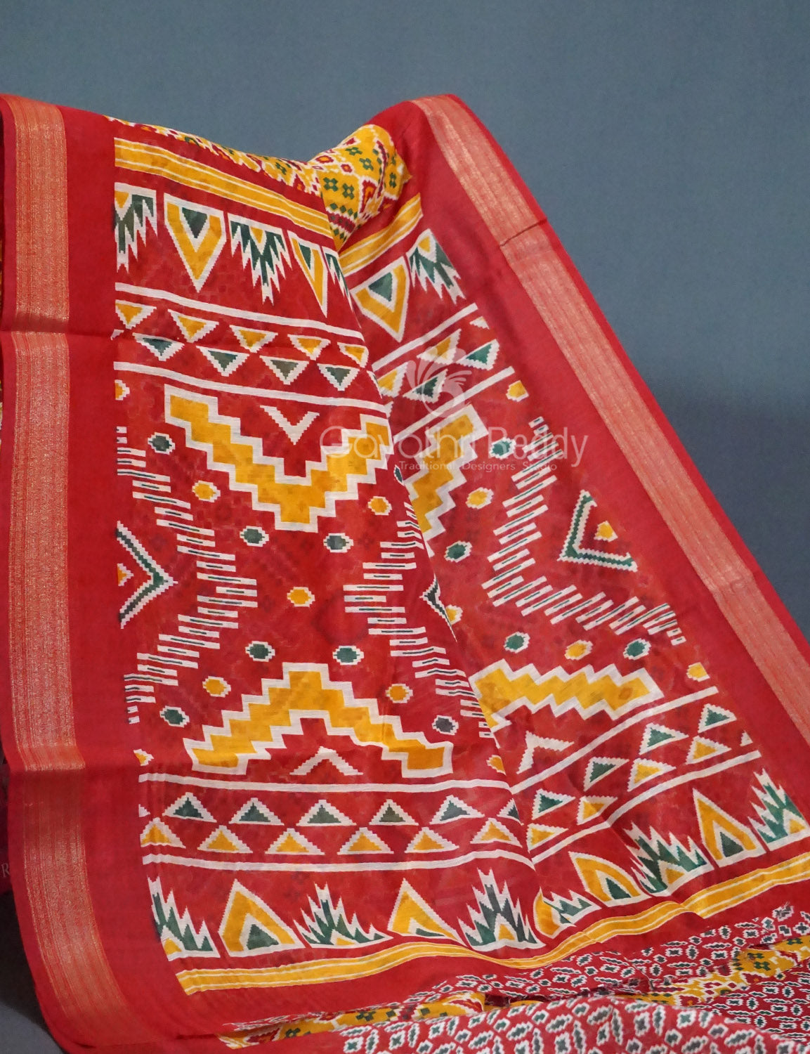 Shades of Mango Yellow Colour Patola Print Semi Chanderi Saree By Gayathri Reddy Designer Studio