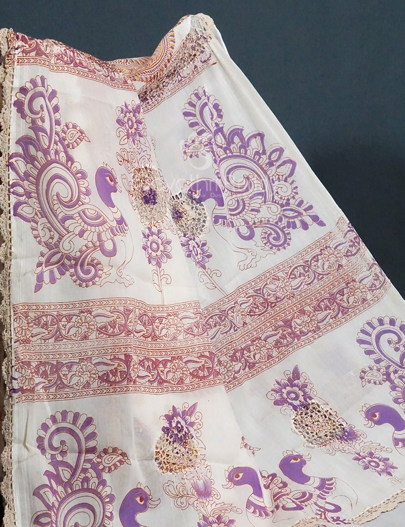 Cream Colour Block Print Crocia Mulmul Cotton Saree By Gayathri Reddy Designer Studio