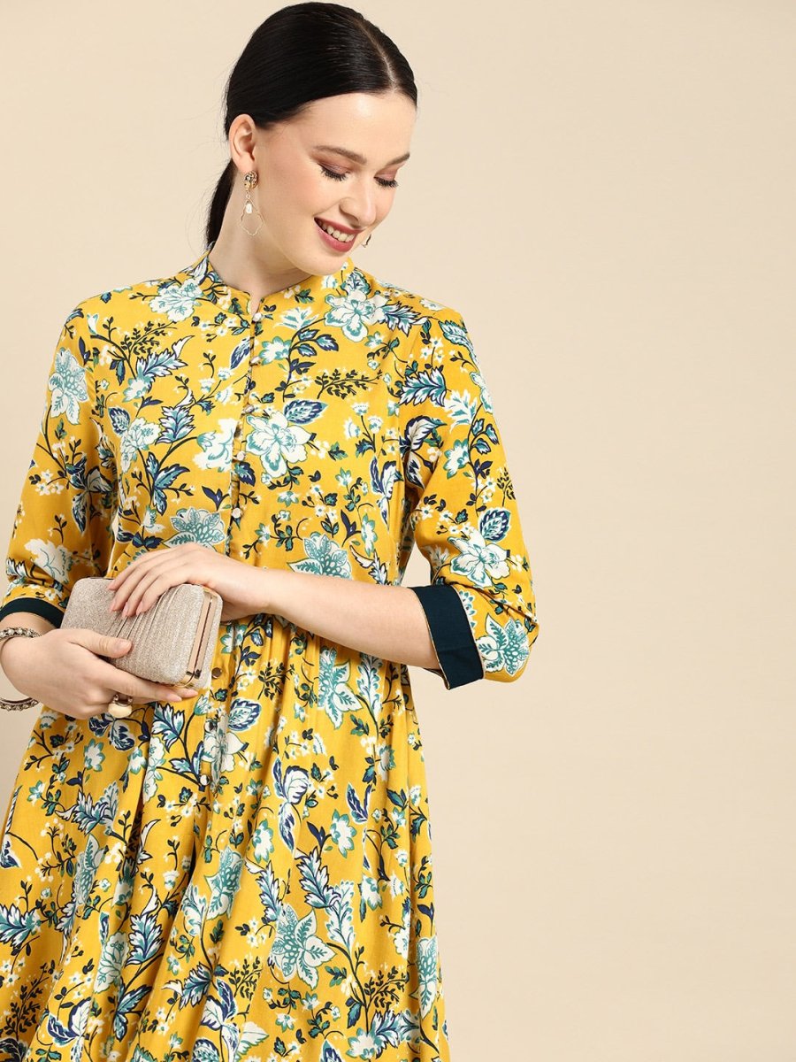 All About You Women Yellow Floral Print Regular Kurta with Trousers