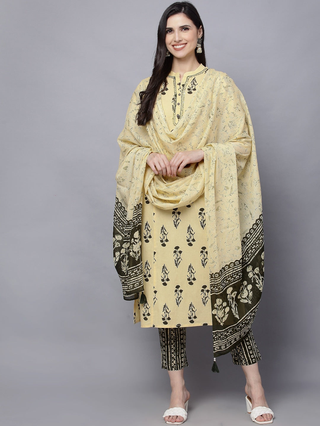 HERE&NOW Women Yellow Ethnic Motifs Printed Pleated Pure Cotton Kurti with Trousers & With Dupatta