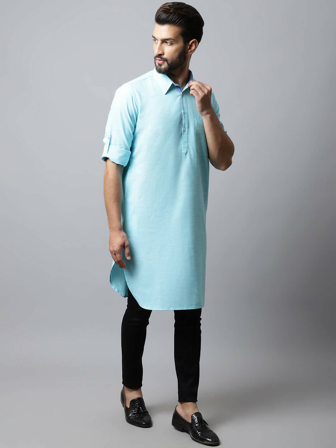 Even Apparels Blue Color Pure Cotton Solid Men's Kurta With Shirt Collar (SLD1132)