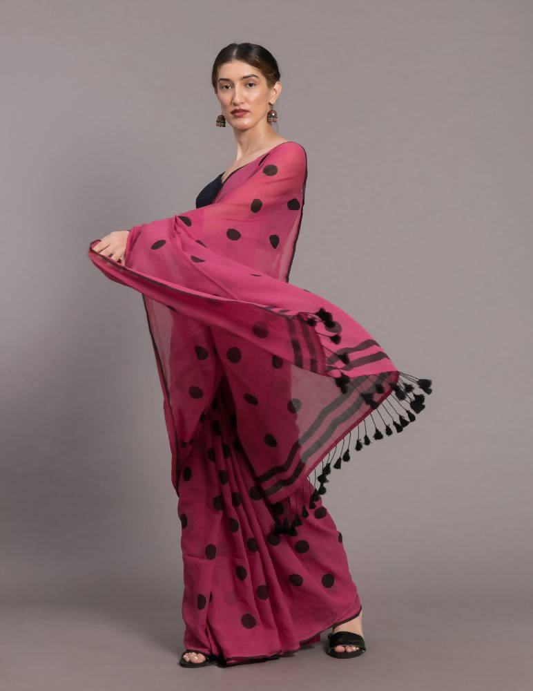 Suta Pink Black Polka Printed Pure Cotton Saree
