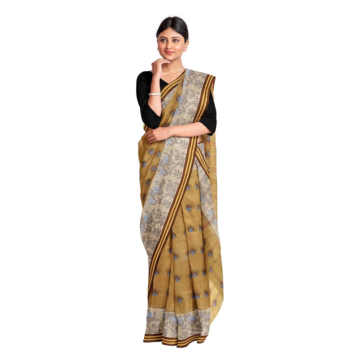 Exclusive Collection 100% Pure Cotton Light Beige Tant Saree With Hand Weaving Work