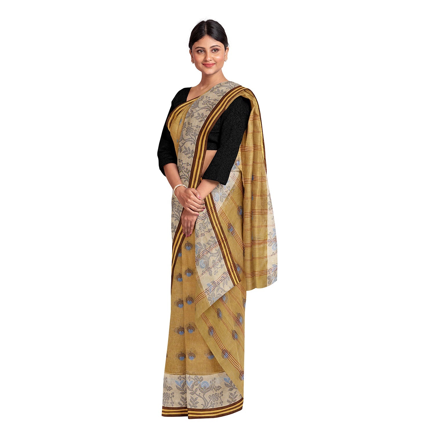 Exclusive Collection 100% Pure Cotton Light Beige Tant Saree With Hand Weaving Work
