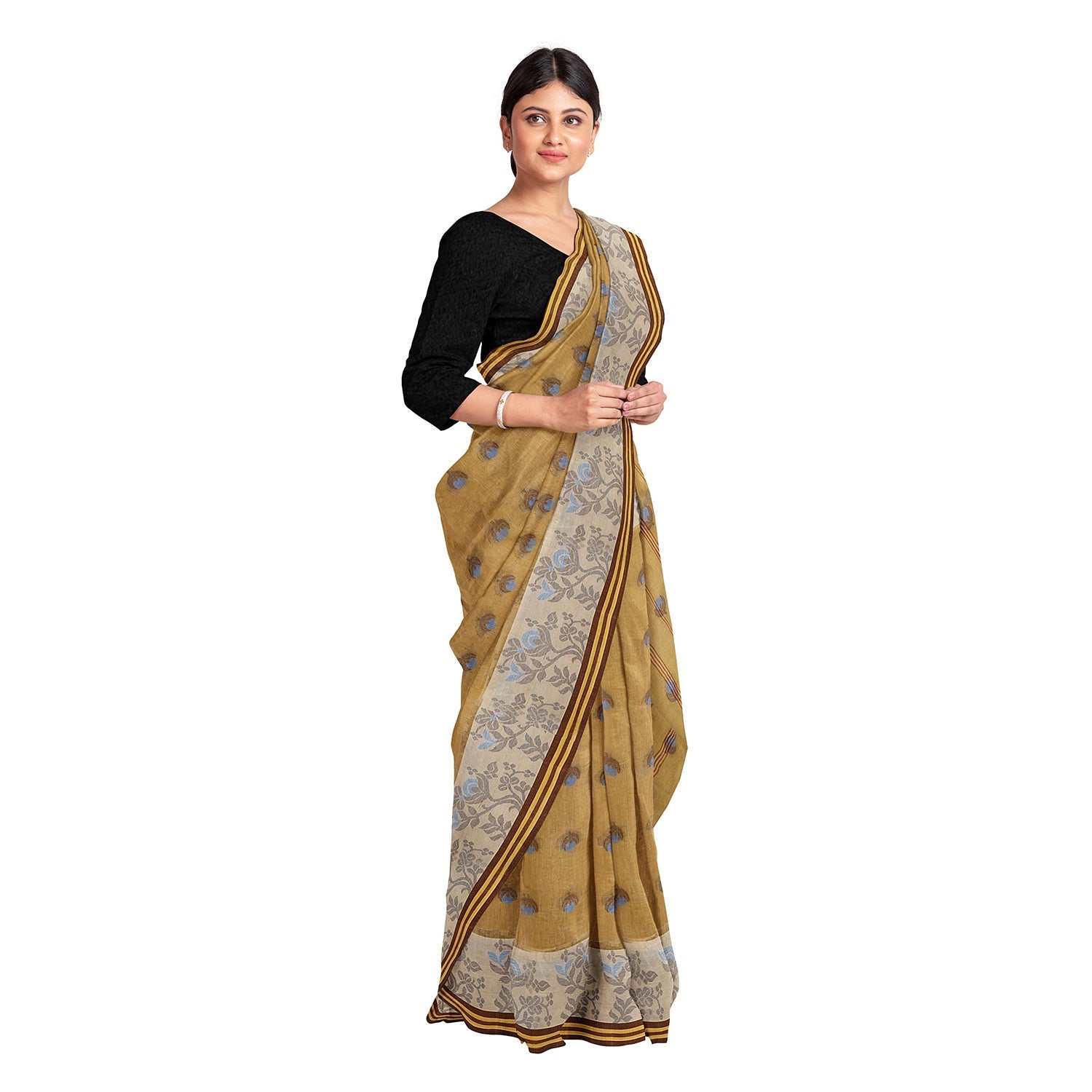 Exclusive Collection 100% Pure Cotton Light Beige Tant Saree With Hand Weaving Work