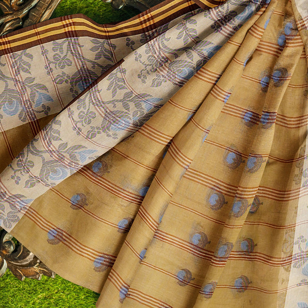 Exclusive Collection 100% Pure Cotton Light Beige Tant Saree With Hand Weaving Work