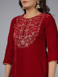 Juniper Women Maroon Velvet Embroidered Kurta & Pants Set