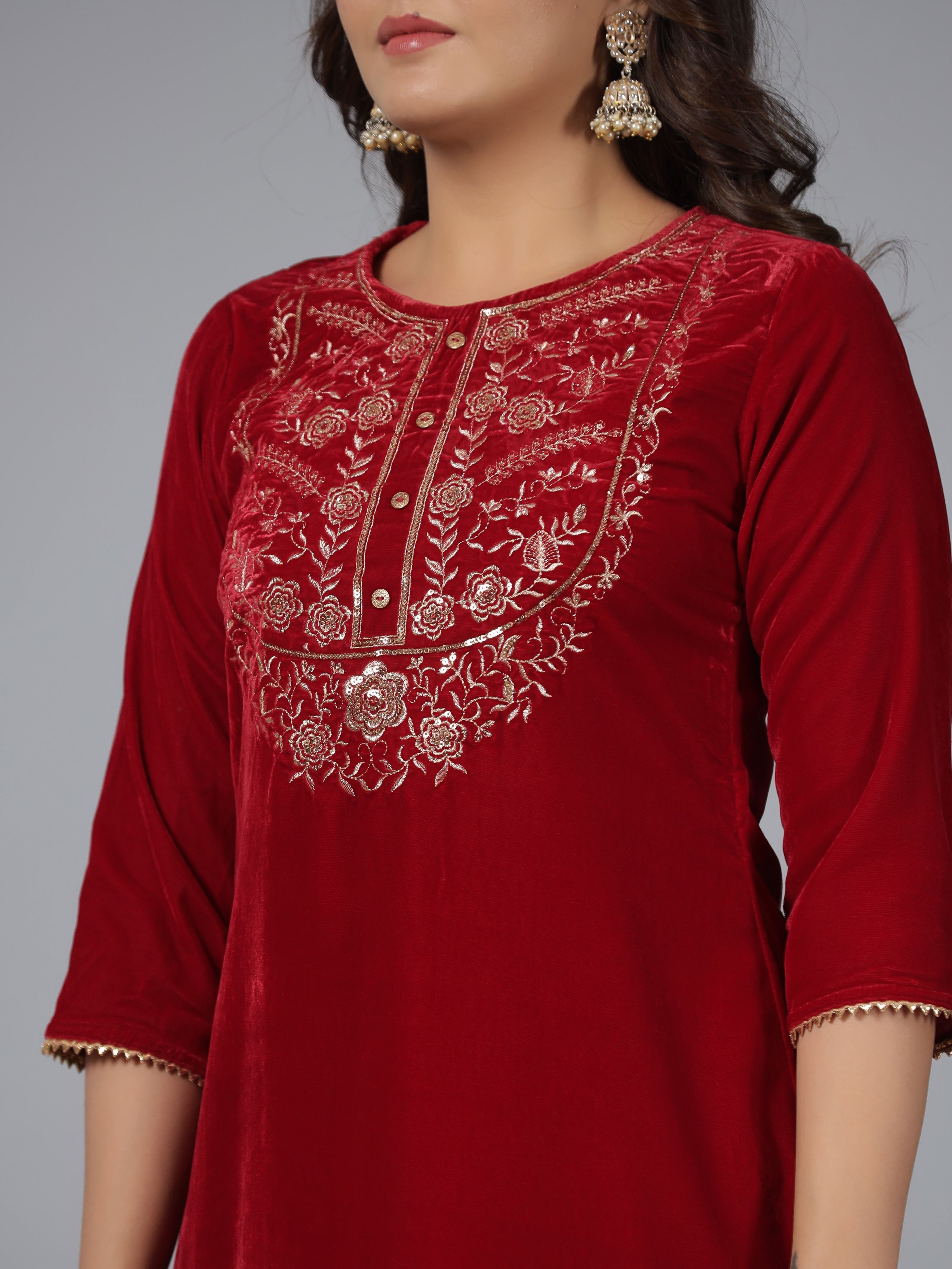 Juniper Women Maroon Velvet Embroidered Kurta & Pants Set