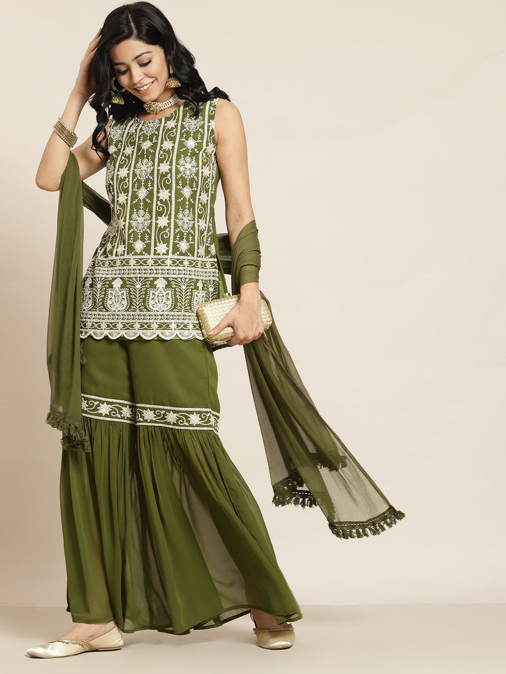 Juniper Womens Mehandigreen Georgette Embroidered Kurta With Santoon Lining,Solid Embroidered Garara And Shiffon Solid Dupatta Set
