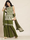 Juniper Womens Mehandigreen Georgette Embroidered Kurta With Santoon Lining,Solid Embroidered Garara And Shiffon Solid Dupatta Set